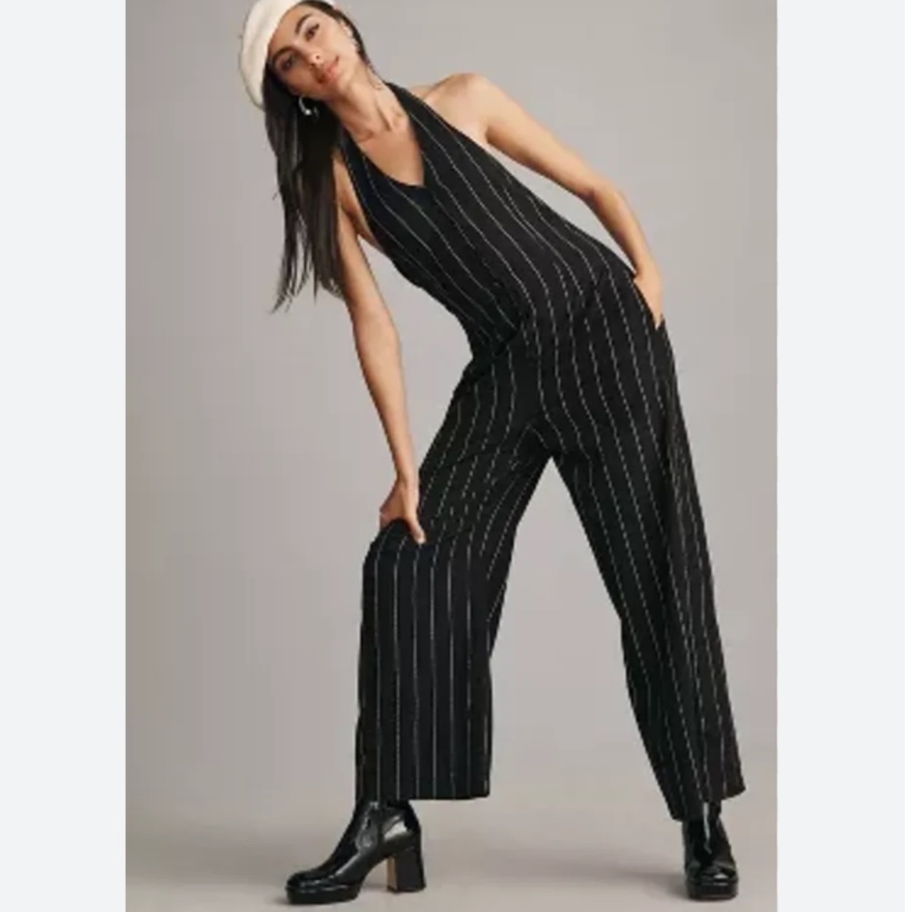 Brand New LITTLE LIES PINSTRIPE HALTER NECK JUMPSUIT